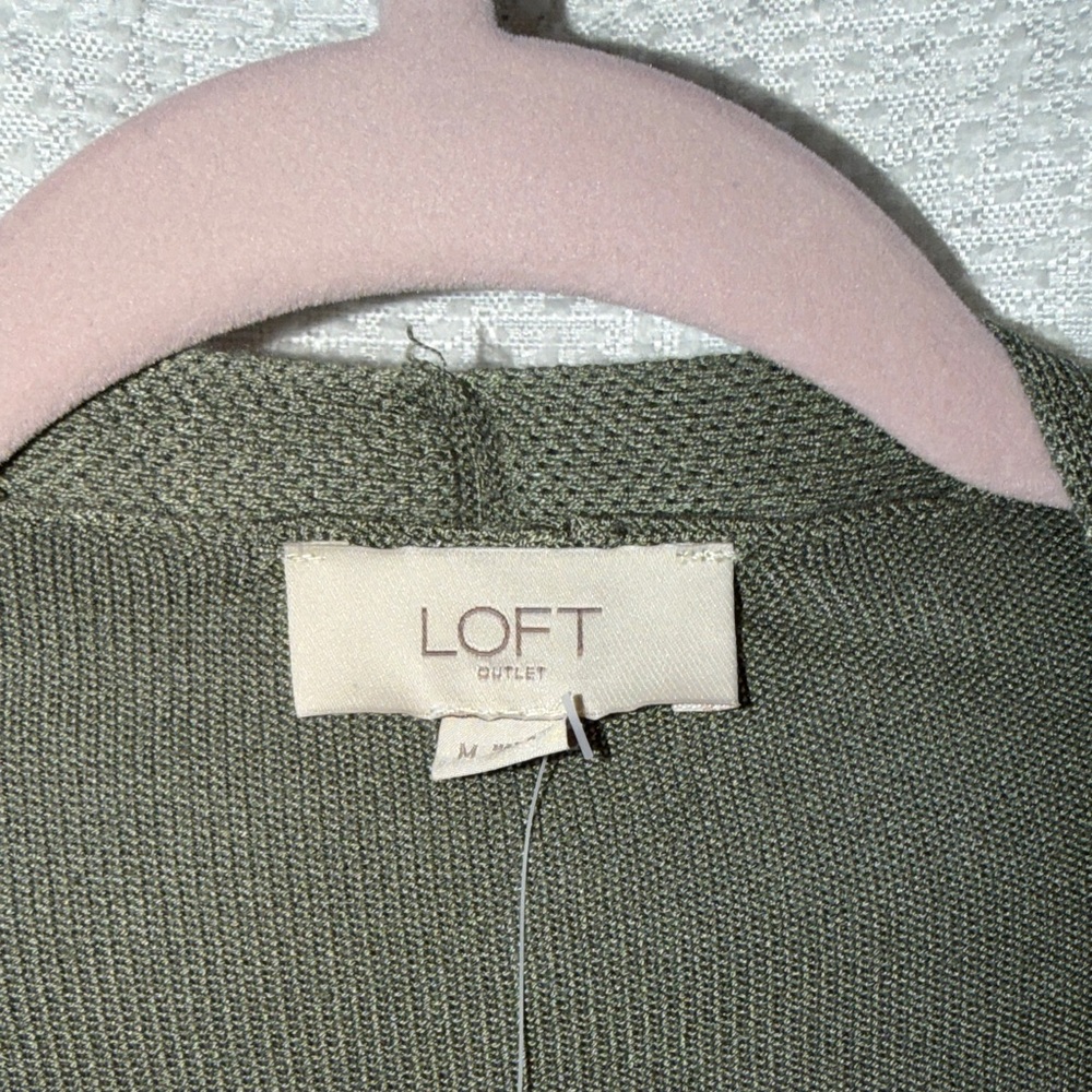 LOFT Olive Green Open-Front Lightweight Cardigan with Lace Trim - Picture 2 of 7